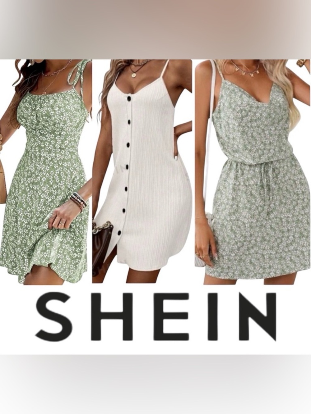 SUMMER DRESS BUNDLE WHITE CAMI DRESS GREEN FLORAL MINI SHEIN (SET OF 3)